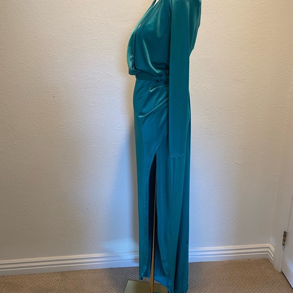 Bronx and Banco Teal Maxi Dress | Deep V Neck, Long Sleeve, High Slit - Picture 3 of 9
